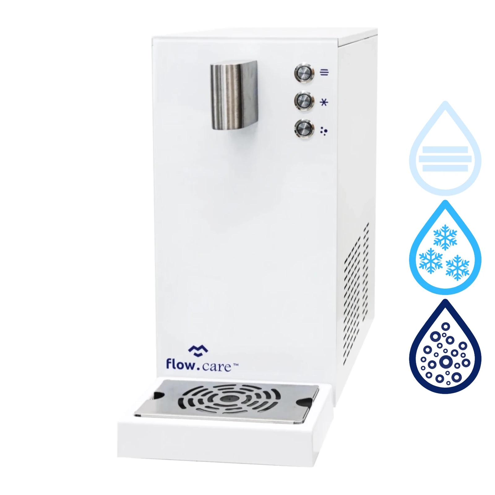 FlowCare 30TP White — biała obudowa nablatowa, stalowa wylewka i trzy przyciski z przodu