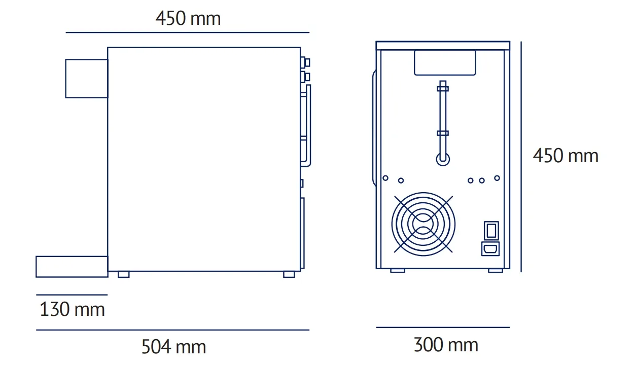 FlowCare 60TP PC — rysunek wymiarowy: 504 × 300 × 450 mm, korpus 450 mm, wylewka 130 mm