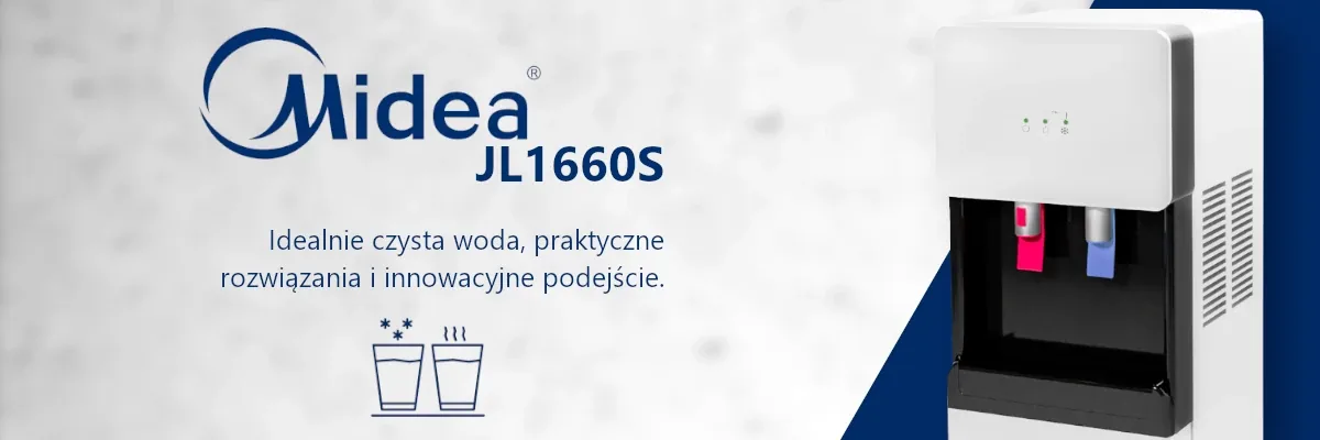 Baner Midea JL1660S — biały dystrybutor nablatowy z kranikami wody zimnej i gorącej