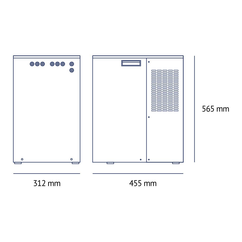 FlowCare 150U — rysunek wymiarowy jednostki podblatowej: 312 × 455 × 565 mm